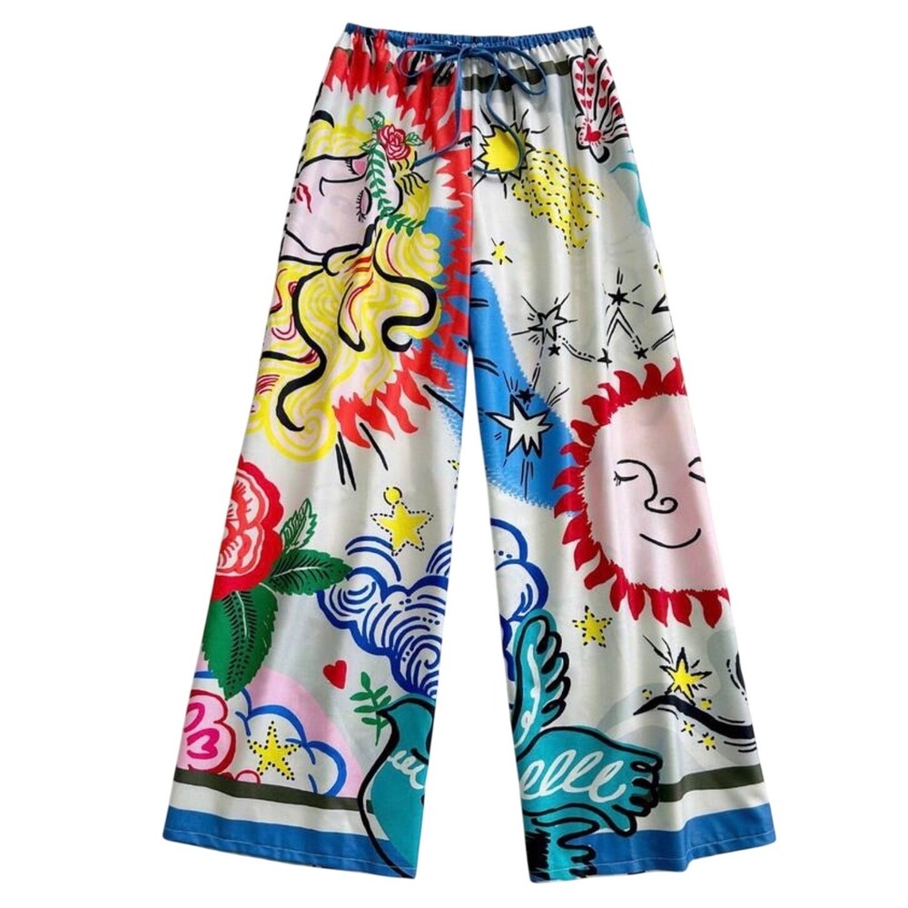 Celestial Graphic Print Wide Leg Pants Multi Color Sun Moon Stars Women Large‎